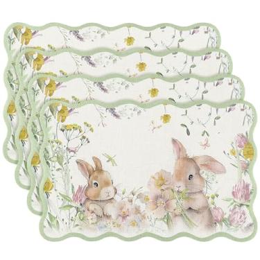 Imagem de FoldTier 4 peças de jogo americano de coelhinho da Páscoa, 30,5 x 45,7 cm, verde, retrô, recortado, primavera, vintage, aquarela, floral e coelhos, decoração de jantar de cozinha