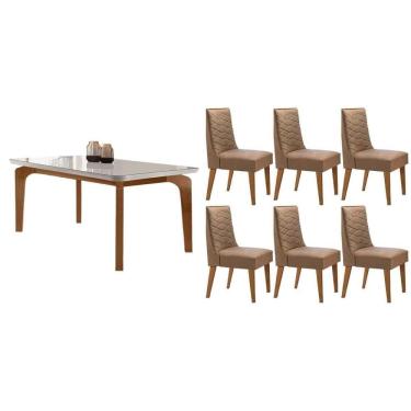 Imagem de Sala Jantar Mesa Londrina Tampo c/ Vidro Curvo 180cm+6 Cadeiras Dafne Madeira Naturale/Off White - Capuccino/Linho Capuccino - Rufato