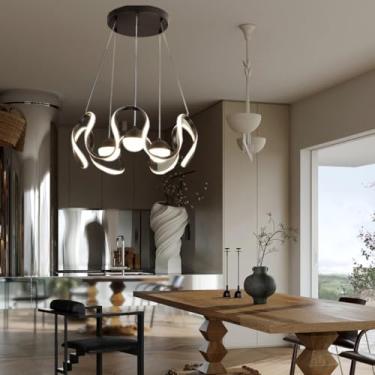 Imagem de Lustre LED moderno com formato de onda, dimerizável, com controle remoto, 3000k-6000k, 116W, luminária pendente de metal para sala de jantar, cozinha, sala de estar, quarto e bar (preto/dour