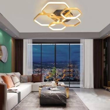 Imagem de Luminária de teto LED dimerizável, preta, com controle remoto, 5 anéis de LED, para sala de estar, quarto, escritório ou sala de estudos. (Dourada)