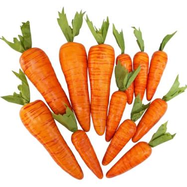 Imagem de Winlyn 12 peças de cenouras artificiais de Páscoa, cenouras decorativas de espuma laranja, simulação realista, vegetais artificiais para decoração de cozinha de casa, cesta de Páscoa, grinalda de