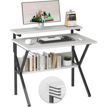 Imagem de COTUBLR Mesa pequena, mesa de computador pequena para espaços, mesa de computador de 60 cm com suporte ajustável para monitor, mesa compacta com armazenamento para quarto, escritório em casa, mesa