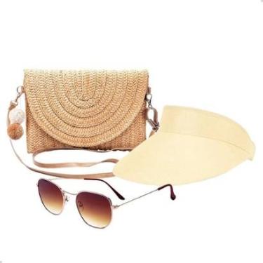 Imagem de Kit Bolsa de Palha Feminina + Viseira Solar + Óculos de Sol Uv Moda Praia-Feminino