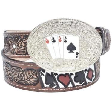 Imagem de Cinto Para Rodeio Couro Fivela Redonda Metal Carta Baralho Floral Artesanal Sertanejo Country-Unissex