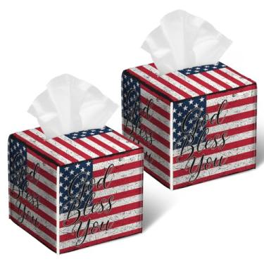 Imagem de Capa de caixa de lenços com bandeira americana, 2 peças, suporte de caixa de lenços de couro Deus te abençoe, estojo de papel facial quadrado, organizador de cubos para banheiro, quarto, mesa