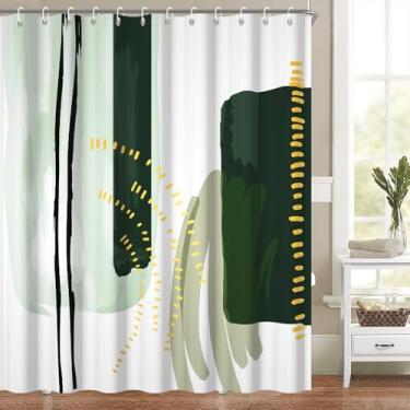 Imagem de Cortina de chuveiro geométrica abstrata para banheiro moderna minimalista neutra conjunto de decoração de banheiro verde chique boho cortina de banheira para hotel lavável na máquina tecido de