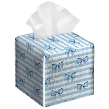 Imagem de Pacote com 2 caixas de lenços azuis listradas, quadradas, fofas, de couro PU, porta-lenços de papel, à prova d'água, dispensador de papel facial para banheiro, cozinha, casa, escritório, carro