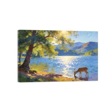 Imagem de Impressão em tela de paisagem de arte de parede - árvore lago veado - pintura decorativa - imagens para sala de estar pronto para pendurar tela embrulhada 60x90cm24x35in