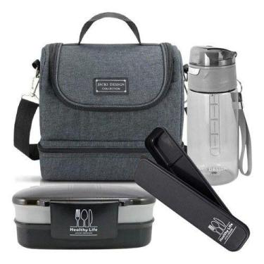 Imagem de Kit Bolsa Térmica Lancheira Marmita Porta Talher Garrafa Fit - Jacki D