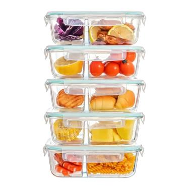 Imagem de Pmssypl Recipientes de vidro para armazenamento de alimentos, 1000 ml, 2 compartimentos, conjunto com 4, transparente (5, azul transparente, 2 divisórias)