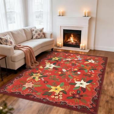Imagem de GarveeHome Tapete de Natal vermelho 20 x 25 cm floral para sala de estar – Tapete de Natal lavável à máquina com suporte antiderrapante, tapete floral macio para quarto, cozinha e entrada