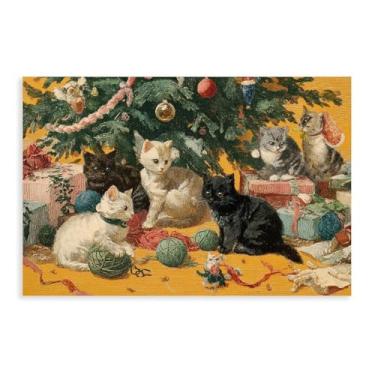Imagem de UZWGG 1 peça de arte de parede sem moldura Natal festa de gato impressão em tela decoração de casa quente pintura de parede para sala de estar quarto presente de Natal para amantes de gatos rolo de