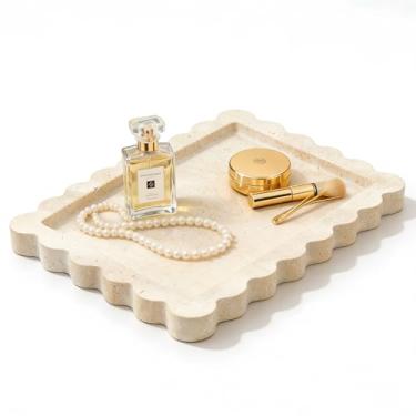 Imagem de Bandeja de mármore natural feita à mão com borda em forma de leque, bandeja de luxo retangular recortada para balcão de cozinha de banheiro, bandeja decorativa para cômoda e decoração de casa