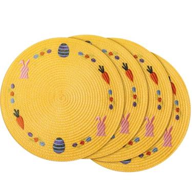 Imagem de Remerry Jogo americano redondo primavera Páscoa conjunto de 6 tapetes bordados coelho coelhinho lavável antiderrapante resistente ao calor 33 cm tapete de mesa de jantar sazonal para casa casamento