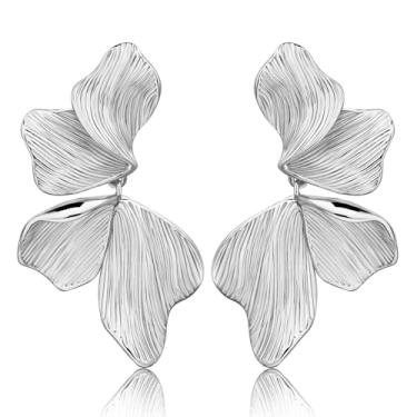Imagem de HANRESHE Brincos de flor de prata para mulheres, brincos de declaração de folha, leves, grossos, brincos de flor, joia chique, presente