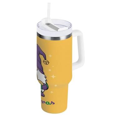 Imagem de Blueangle Copo isolado de gnomo Mardi Gras de 1,134 g com alça e tampa de palha, caneca de viagem reutilizável de aço inoxidável (659)
