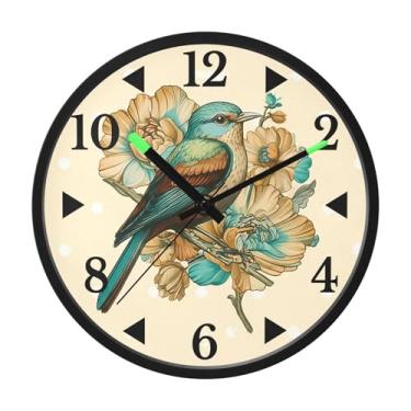 Imagem de STAYTOP Relógio de parede de LED de pássaros e flores estilo retrô para quarto com brilho noturno, relógios de parede silenciosos de 30,5 cm para decoração de sala de estar, controle de som, relógio