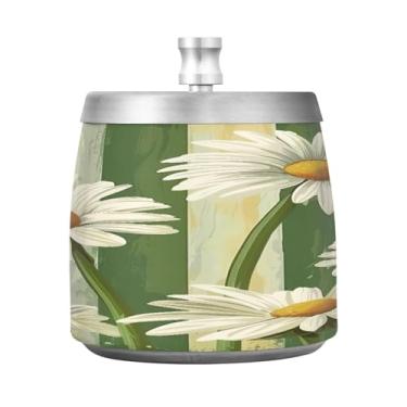 Imagem de STAYTOP Lindo cinzeiro de margaridas com tampa, aço inoxidável à prova de vento, sem fumaça, cinzeiro de cigarro grande para decoração de escritório em casa
