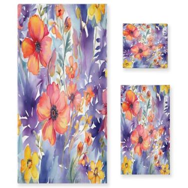 Imagem de xigua Conjunto de toalhas de banheiro de flores coloridas absorvente macio toalha de banho de 3 peças toalha de mão toalhas decorativas para banheiro, academia, hotel, praia, piscina