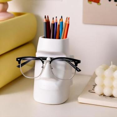 Imagem de Suporte de caneta criativo 2 em 1 com suporte para óculos, multifuncional, doméstico, dormitório, mesa, artigos de papelaria, pincéis de maquiagem (branco, 12,8 x 8 x 7,6 cm)