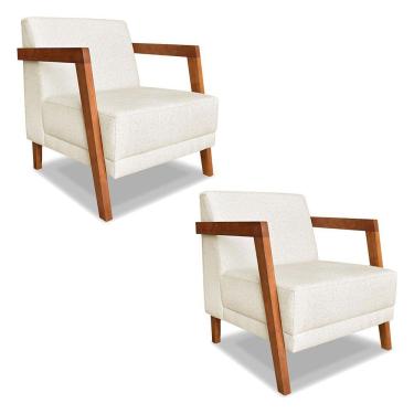 Imagem de Kit 02 Poltronas Decorativa Natália Linho Natural Base Em Madeira Castanho - Pallazio