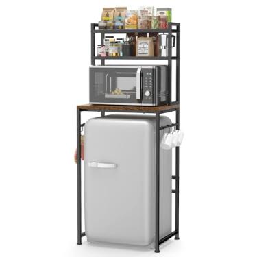 Imagem de ikkle Mini suporte de geladeira com prateleiras de armazenamento, mini rack de geladeira de 3 camadas com armazenamento de micro-ondas, prateleira de armazenamento de madeira com espaço de