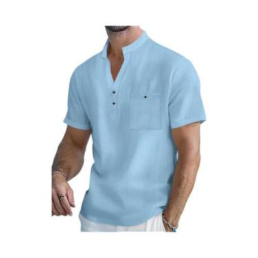 Imagem de Camisa Masculina De Algodão E Linho De Manga Curta Com Gola Alta E Mei