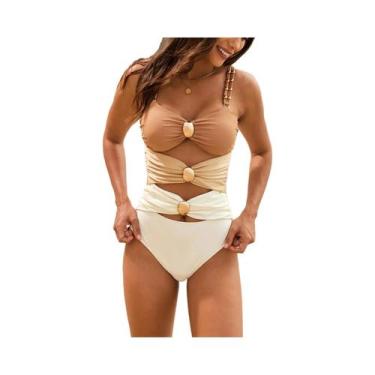 Imagem de Maiô De Uma Peça Com Fivela Dourada E Bloco De Cores, Efeito Push Up, 