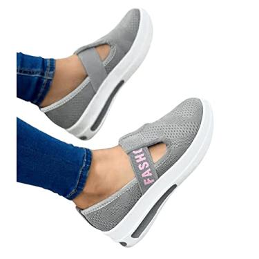 Imagem de Sandálias de caminhada para mulheres sem cadarço tênis moderno confortável plataforma de lona mocassins tênis de corrida, Cinza, 8