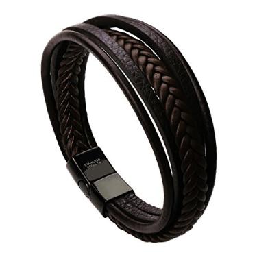 Imagem de murtoo Pulseira masculina de couro com fecho de couro de vaca multicamadas de couro trançado, 7.5", Couro