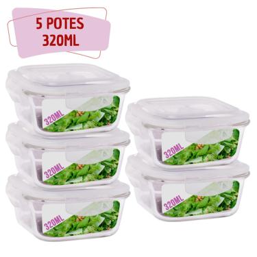 Imagem de Kit 5 Potes Tampa Hermetica Quadrado de Vidro 320ml Alimento