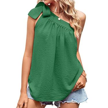 Imagem de Camiseta feminina sem mangas, um ombro com laço e laço top colete ombro de fora camisas casuais streetwear, verde, M (busto: 96 cm)