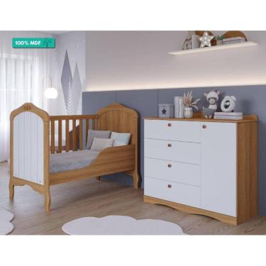 Imagem de Quarto de Bebê com Berço Mini Cama Harmonia e Cômoda 1 Porta 4 Gavetas Encanto Permobili Nature/Branco