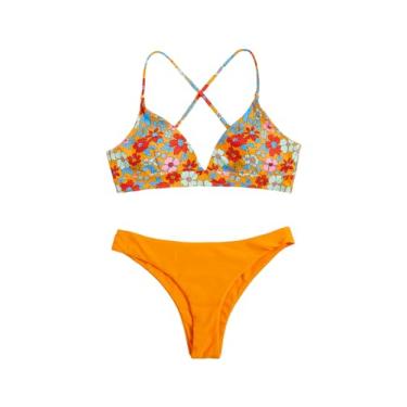 Imagem de SweatyRocks Conjunto de biquíni feminino sexy com estampa floral e costas cruzadas, Cor laranja, GG