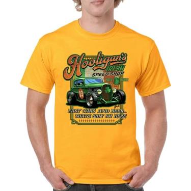 Imagem de Camiseta masculina Hooligan's Irish Speed Shop Dia de São Patrício Vintage Hot Rod Shamrock St Patty's Beer Festival, Amarelo, 4G