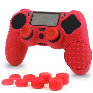 Imagem de Capa de silicone compatível com controle PS4, protetor de silicone antiderrapante compatível com PS4 Slim/PS4 Pro com 4 pares de pegadores de polegar, 1 peça, vermelha
