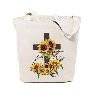 Imagem de GXVUIS Bolsa feminina de lona Jesus Faith para mulheres, girassóis estéticos, cruz, reutilizável, supermercado, bolsa de compras, presente cristão, Branco, Large