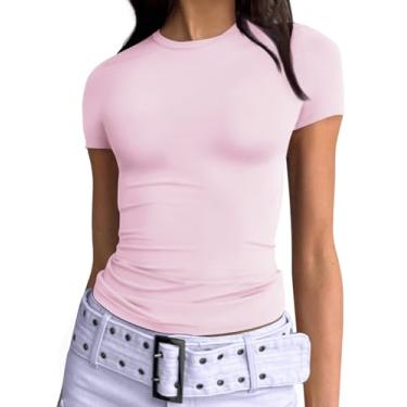 Imagem de Trendy Queen Camisetas femininas básicas de gola redonda manga curta tops bonitos de verão camisetas slim fit roupas Y2k 2024, Rosa claro, G