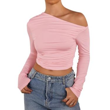 Imagem de EYNMIN Blusa feminina de manga comprida com ombros de fora, caimento justo, camiseta cropped básica Y2K, rosa, P