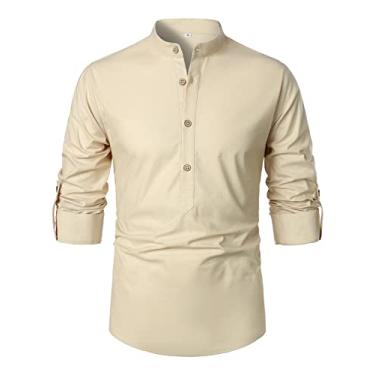 Imagem de FANARCHER Camiseta masculina casual Henley algodão linho manga comprida com botão, Cáqui, P