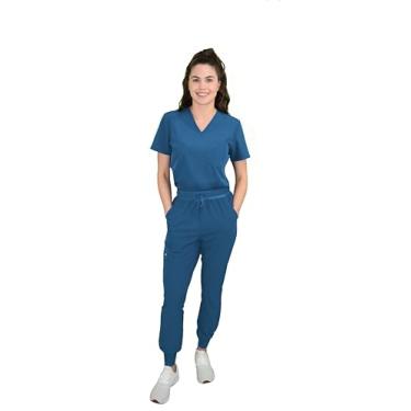 Imagem de Green Town Blusa feminina com gola V e calça de ioga slim fit jogger conjunto médico GT 4FLEX blusa e calça, Caribe, PP