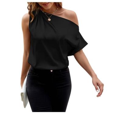 Imagem de Camiseta feminina de cetim com ombro de fora e manga morcego de manga coberta 2024 cor sólida elegante com cinto, Preto, GG