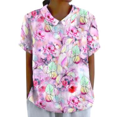 Imagem de Camisetas femininas de verão com estampa floral, casual, gola redonda, manga curta, túnica elegante e moderna, Roxa, 4G