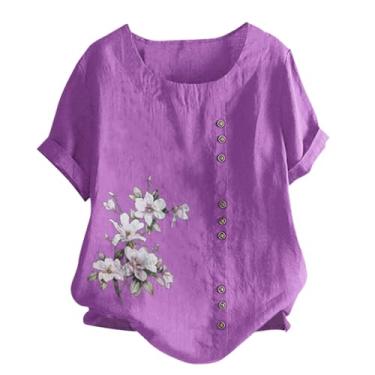 Imagem de Camiseta feminina de algodão e linho, manga curta, gola redonda, casual, solta, blusa floral com botões, Roxa, G