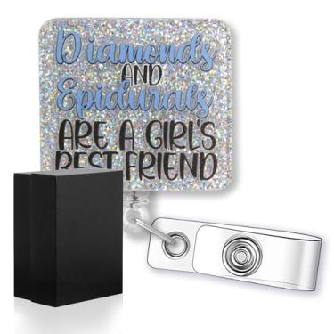 Imagem de rofiowa Diamonds and Epidurals are A Girls Best Friend Funny Glitter Badge Reel, porta-crachá retrátil para enfermeira anestesista e obstetrícia, presente de parto e parto para parteira, presente de