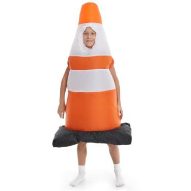 Imagem de Inflatable Traffic Cone Costume Kids Boys Girls, Blow Up Construction Cone Cosplay Child, Halloween Safety Cone Costume Children Orange