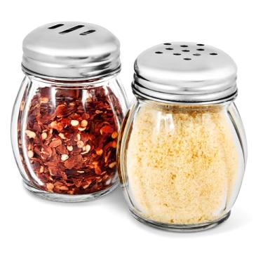 Imagem de Coqueteleira de temperos de vidro de 170 g com topo de aço inoxidável perfurado e coqueteleira de queijo parmesão com fenda superior de aço inoxidável/conjunto de 2/dispensadores de estilo retrô com