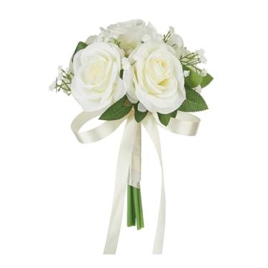 Imagem de JISADER Buquê de casamento nupcial Buquê de dama de honra Decorativo Elegante Flores artificiais Buquê de noiva para decoração de proposta de festa, Branco