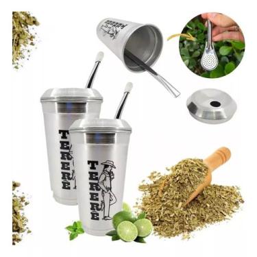 Imagem de 2 Cuias Copo Inox 350ml + 2 Bomba Lisa P/ Tereré Chimarrão - Aport