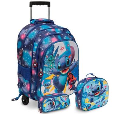Imagem de Kit Mochila Escolar Infantil Stitch Rodinha Lancheira Azul - Plike